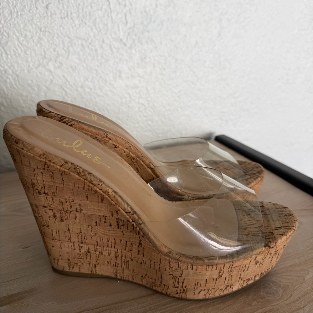 Lulus Cork Wedge with Clear Strap